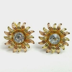 Vintage Gold Filled Floral Sun Shaped Rhinestoen Center Clip On Earrings